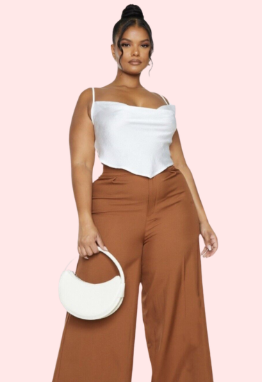 Plus Size White Satin Cropped Cowl Neck Cami Top