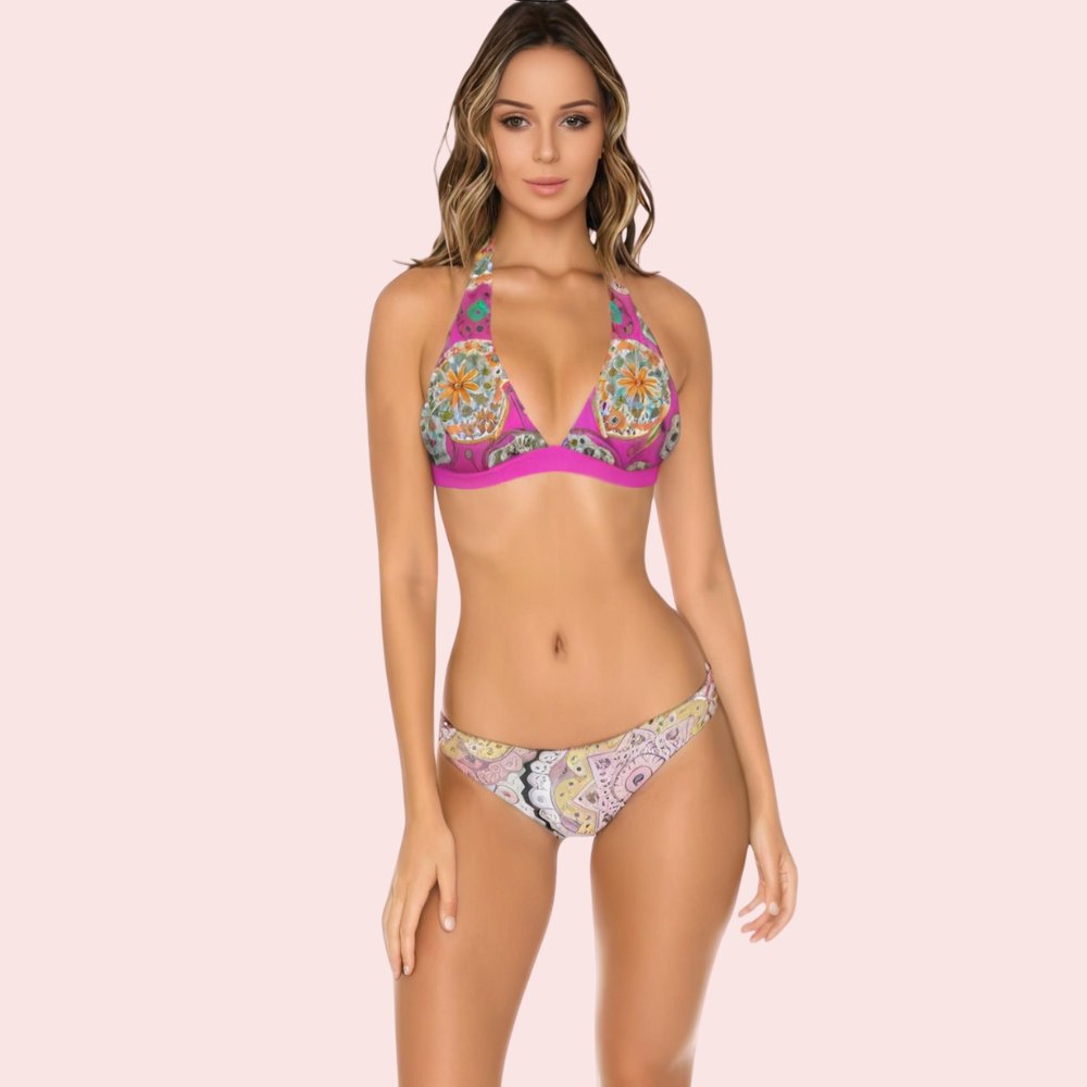Pink Geometric Mandala Halter Bikini Topa (Top Only)